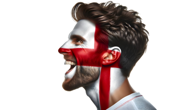 man soccer fun profile portrait with painted face of english national flag isolated on transparent background