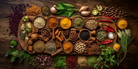AI generated illustration of A variety of spices and herbs arranged neatly on a wooden surface