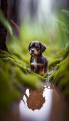 AI generated illustration of an adorable small dog in a forest during the rain