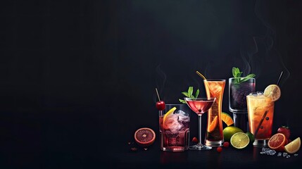 Cocktails assortment served on dark background. Classic drink menu concept, realistic, HD, copy space - generative ai