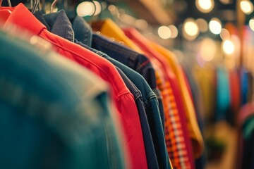Abstract blur background of charity shop or thrift store, which sell second hand, used clothing, accessories, books and household goods - obrazy, fototapety, plakaty