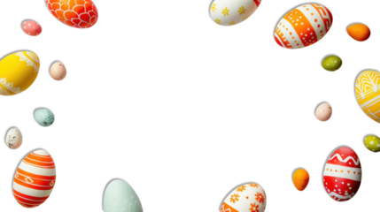 Top view of Easter eggs colored in different patterns. Transparent background. Copy space. Easter decor concept