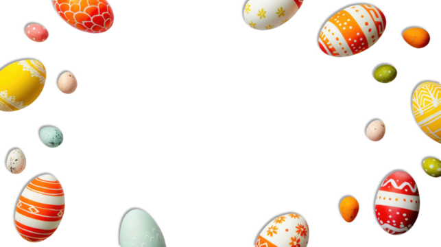 Top view of Easter eggs colored in different patterns. Transparent background. Copy space. Easter decor concept