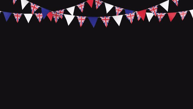 United Kingdom waving party flags 3 strings_British triangles festive top decoration_looped with an alpha channel