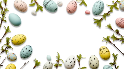 Top view of Easter eggs colored in different patterns. Transparent background. Copy space. Easter decor concept