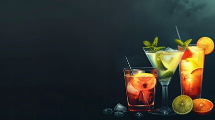 Cocktails assortment served on dark background. Classic drink menu concept, realistic, HD, copy space - generative ai