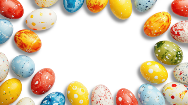 Top view of Easter eggs colored in different patterns. Transparent background. Copy space. Easter decor concept