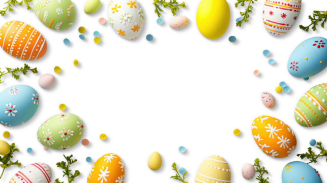 Top view of Easter eggs colored in different patterns. Transparent background. Copy space. Easter decor concept