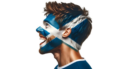 man soccer fun profile portrait with painted face of scottish national flag isolated on transparent background