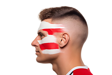 man soccer fun profile portrait with painted face of national flag isolated on transparent background