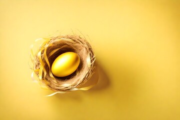 Aerial view of a charming Easter egg placed in a nest on the side, against a soft pastel yellow background with a nest in sunny yellow tones, creating a captivating scene with a solid and flat sur - obrazy, fototapety, plakaty