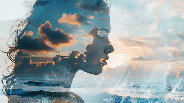 Double exposure of a beautiful woman, clouds and the sea. Relaxation, meditation concept