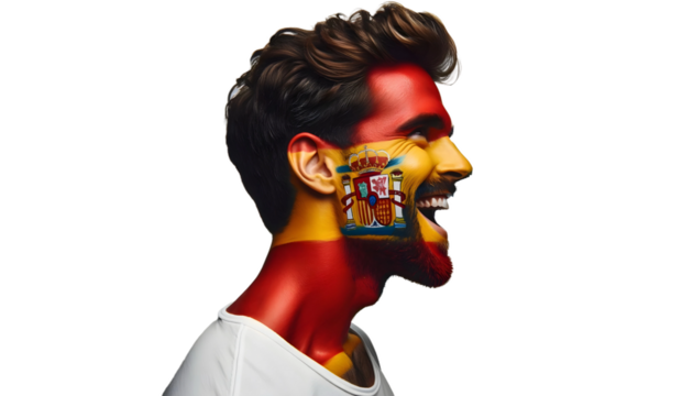 man soccer fun profile portrait with painted face of spanish national flag isolated on transparent background