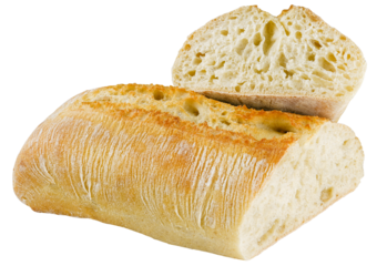 Ciabatta rustic bread isolated on a transparent background. Fully in focus.
