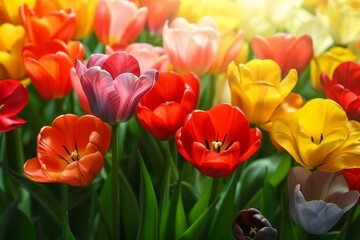 Colorful spring flowers tulips. generative ai.