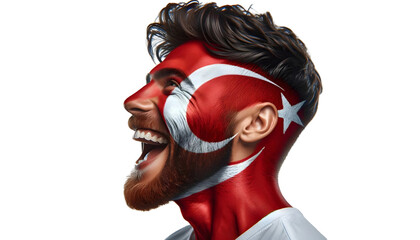 man soccer fun profile portrait with painted face of turkish national flag isolated on transparent background