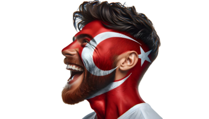 man soccer fun profile portrait with painted face of turkish national flag isolated on transparent background