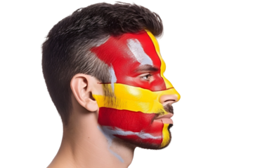 man soccer fun profile portrait with painted face of spanish national flag isolated on transparent background