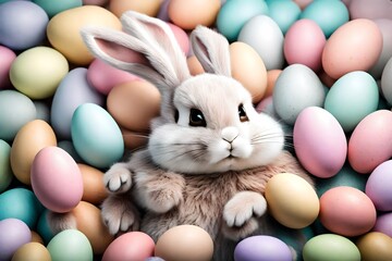 Adorable Easter bunny surrounded by a collection of pastel-colored eggs, creating the cutest and...