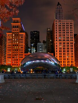 Vertical shot of the Cloud Gate sculpture at night in Chicago, Illinois