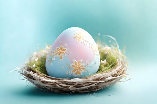 Delightful image of a pastel-hued Easter egg nestled in a nest on the side, against a gentle sky-blue background, providing a serene and flat surface for your celebratory message