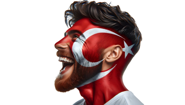 man soccer fun profile portrait with painted face of turkish national flag isolated on transparent background