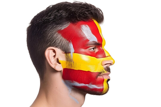 man soccer fun profile portrait with painted face of spanish national flag isolated on transparent background
