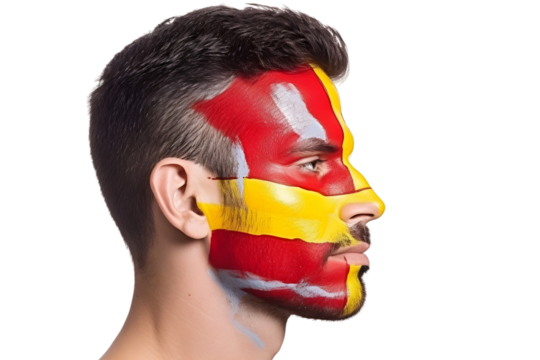 man soccer fun profile portrait with painted face of spanish national flag isolated on transparent background