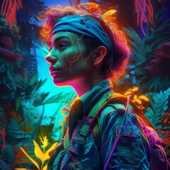 Fototapeta premium AI Generated Illustration: Hyper-Realistic Portrait of a Non-Binary Neon Jungle Explorer