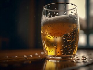 AI-generated illustration of a glass of cold beer on a wooden table with droplets.
