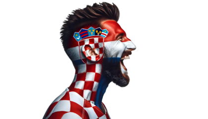 man soccer fun profile portrait with painted face of croatiannational flag isolated on transparent background