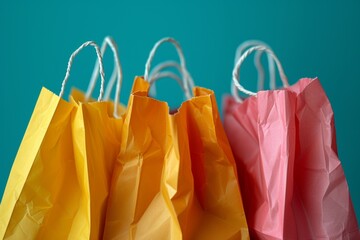 Vibrant Shopping Bags in Yellow, Orange, and Pink Against Teal Background