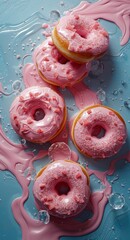 Pink Glazed Donuts with Dynamic Sugar Splash on Turquoise and Pink Background