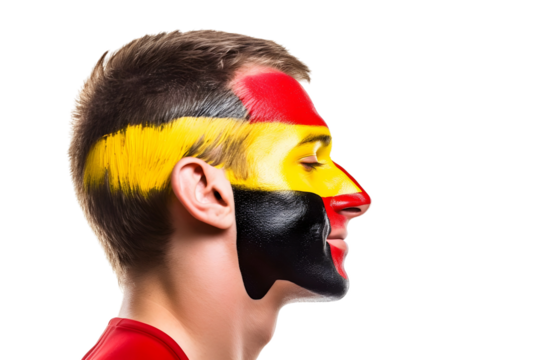 man soccer fun profile portrait with painted face of belgiannational flag isolated on transparent background - Powered by Adobe