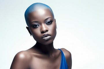 AI-generated illustration of a young black woman with short, blue hair posing in a blue dress