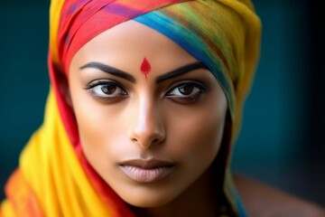 Ai generated illustration of a stunning Indian woman with a colorful headscarf and makeup