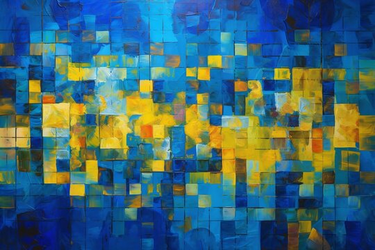 AI generated illustration of an abstract painting of squares in blue and yellow