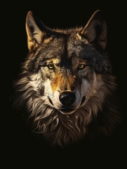 AI generated illustration of a wolf's face against a dark background illuminated by its glowing eyes