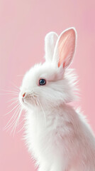 Fototapeta premium White fluffy bunny peeking from edge. Pastel pink and blue background. Copy space. Greeting card concept. Generative AI