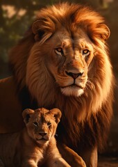 AI generated illustration of an adult lion and its cub in the grass in an African savannah