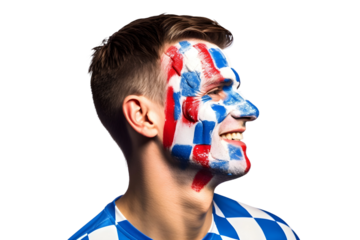 man soccer fun profile portrait with painted face of national flag isolated on transparent background