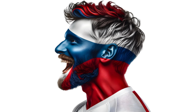 man soccer fun profile portrait with painted face of  czechnational flag isolated on transparent background