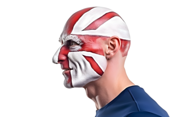 man soccer fun profile portrait with painted face of englishnational flag isolated on transparent background