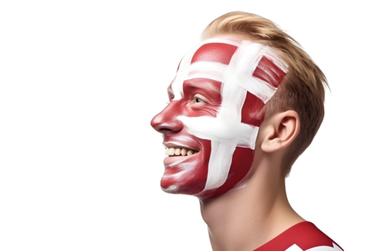 man soccer fun profile portrait with painted face of national flag isolated on transparent background