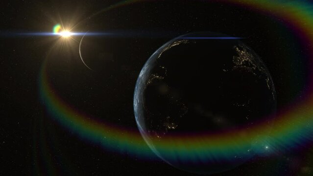 3D rendered animation of the Earth and the Moon in space with the Sun shining in the background