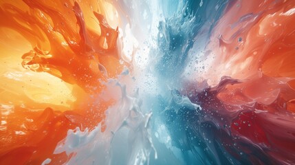 A dynamic and bright abstract expression is created by brilliant bursts of orange, pearl white, and sapphire blue coming together on a polished marble canvas. 
