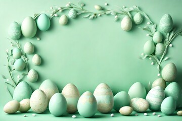 Gentle mint green scene adorned with elaborate Easter decorations and an array of eggs, forming a captivating space for your celebratory words