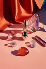 AI generated illustration of a collection of assorted beauty items on a pink surface