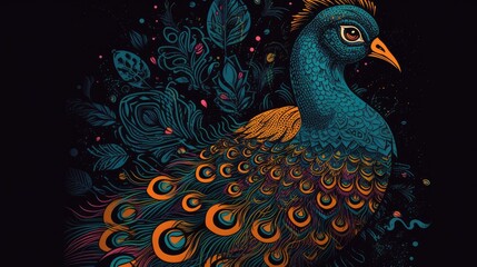 Fototapeta premium AI generated illustration of of a vibrant peacock art piece set against a black background
