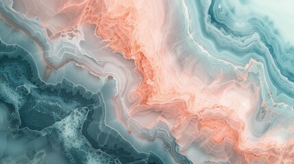 A stylish and delicate abstract exhibit is created by the subdued shades of blush pink, misty lavender, and soft teal carefully blending together on a magnificent marble slab. 
 - obrazy, fototapety, plakaty